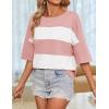 imageZESICA Womens Summer 2025 34 Sleeve Casual Tee Tops Crewneck Drop Shoulder Color Block Oversized TShirtsPink