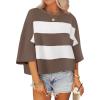 imageZESICA Womens Summer 2025 34 Sleeve Casual Tee Tops Crewneck Drop Shoulder Color Block Oversized TShirtsBrown