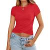 imageZESICA Womens Summer Short Sleeve Shirts Trendy Crew Neck Criss Cross Wrap Ruched Lace TopsRed