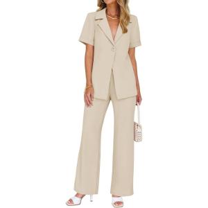 imageZESICA Womens 2025 Casual 2 Piece Outfits Short Sleeve Blazer Jacket and Wide Leg Pants Loose Business Suit SetsApricot