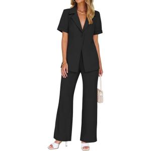 imageZESICA Womens 2025 Casual 2 Piece Outfits Short Sleeve Blazer Jacket and Wide Leg Pants Loose Business Suit SetsBlack