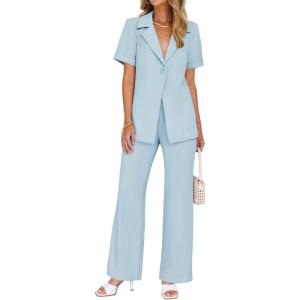 imageZESICA Womens 2025 Casual 2 Piece Outfits Short Sleeve Blazer Jacket and Wide Leg Pants Loose Business Suit SetsBlue
