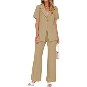 imageZESICA Womens 2025 Casual 2 Piece Outfits Short Sleeve Blazer Jacket and Wide Leg Pants Loose Business Suit SetsKhaki