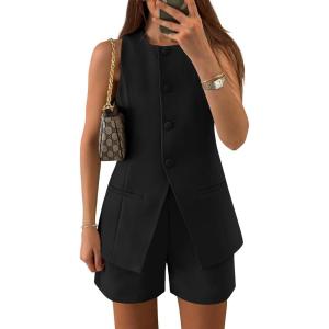 imageZESICA Womens 2025 Summer 2 Piece Short Sets Sleeveless Crew Neck Suit Vest Tops High Waist Shorts Business OutfitsBlack