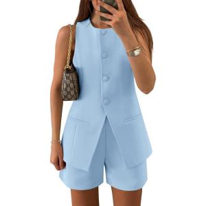 imageZESICA Womens 2025 Summer 2 Piece Short Sets Sleeveless Crew Neck Suit Vest Tops High Waist Shorts Business OutfitsBlue
