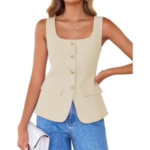 imageZESICA Womens 2025 Summer Casual Sleeveless Suit Vest Square Neck Button Down Work Business Blazer Vests WaistcoatApricot