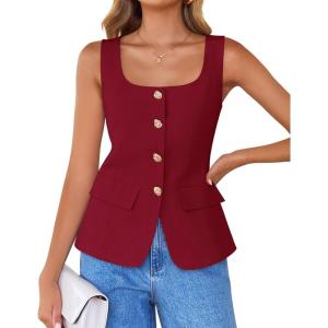 imageZESICA Womens 2025 Summer Casual Sleeveless Suit Vest Square Neck Button Down Work Business Blazer Vests WaistcoatDark Red