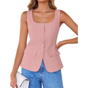 imageZESICA Womens 2025 Summer Casual Sleeveless Suit Vest Square Neck Button Down Work Business Blazer Vests WaistcoatPink