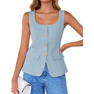imageZESICA Womens 2025 Summer Casual Sleeveless Suit Vest Square Neck Button Down Work Business Blazer Vests WaistcoatSky