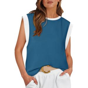 imageZESICA Womens Cap Sleeve Tank Tops Loose Fit Summer Trendy Crewneck Colorblock ShirtsDarkblue