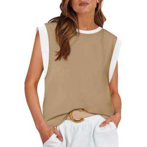 imageZESICA Womens Cap Sleeve Tank Tops Loose Fit Summer Trendy Crewneck Colorblock ShirtsLightkhaki