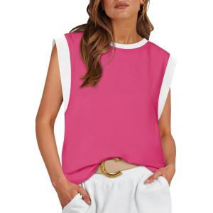 imageZESICA Womens Cap Sleeve Tank Tops Loose Fit Summer Trendy Crewneck Colorblock ShirtsPink