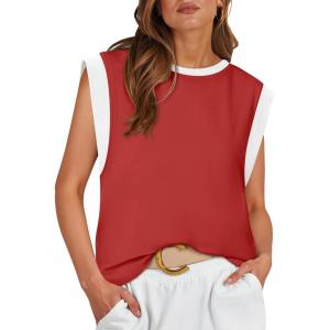 imageZESICA Womens Cap Sleeve Tank Tops Loose Fit Summer Trendy Crewneck Colorblock ShirtsRed