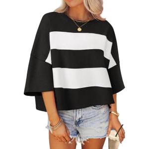 imageZESICA Womens Summer 2025 34 Sleeve Casual Tee Tops Crewneck Drop Shoulder Color Block Oversized TShirtsBlack