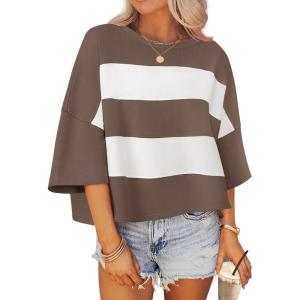 imageZESICA Womens Summer 2025 34 Sleeve Casual Tee Tops Crewneck Drop Shoulder Color Block Oversized TShirtsBrown
