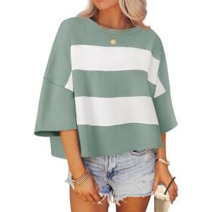 imageZESICA Womens Summer 2025 34 Sleeve Casual Tee Tops Crewneck Drop Shoulder Color Block Oversized TShirtsGreen