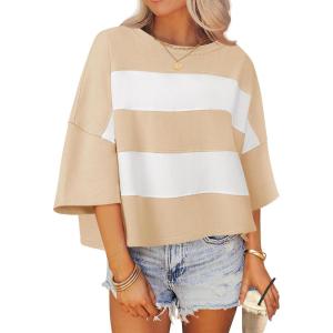imageZESICA Womens Summer 2025 34 Sleeve Casual Tee Tops Crewneck Drop Shoulder Color Block Oversized TShirtsLightkhaki
