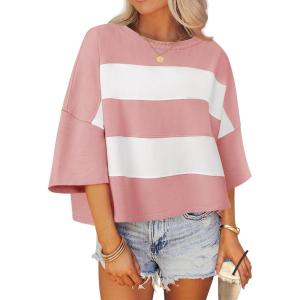 imageZESICA Womens Summer 2025 34 Sleeve Casual Tee Tops Crewneck Drop Shoulder Color Block Oversized TShirtsPink
