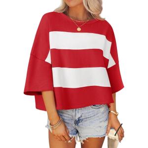 imageZESICA Womens Summer 2025 34 Sleeve Casual Tee Tops Crewneck Drop Shoulder Color Block Oversized TShirtsRed