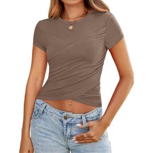 imageZESICA Womens Summer Short Sleeve Shirts Trendy Crew Neck Criss Cross Wrap Ruched Lace TopsCoffee