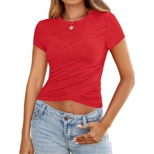 imageZESICA Womens Summer Short Sleeve Shirts Trendy Crew Neck Criss Cross Wrap Ruched Lace TopsRed