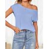 imageZESICA Womens Summer Off The Shoulder Knit Tops 2025 Casual Short Sleeve Oversized Tunic T ShirtBlue