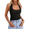 imageZESICA Womens Halter Tank Top 2025 Summer Sleeveless Scoop Neck Backless Shirts Slim Fitted Casual Ruched Crop TopsBlack