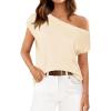 imageZESICA Womens Summer Off The Shoulder Knit Tops 2025 Casual Short Sleeve Oversized Tunic T ShirtApricot