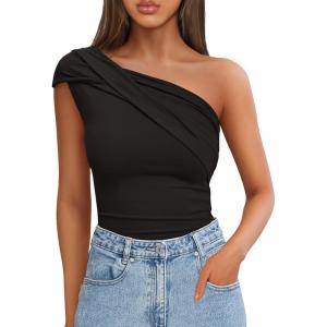 imageZESICA Womens One Shoulder Tank Tops 2025 Summer Sleeveless Going Out T Shirts Knit Slim Fit Fashion Tee TopBlack