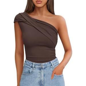 imageZESICA Womens One Shoulder Tank Tops 2025 Summer Sleeveless Going Out T Shirts Knit Slim Fit Fashion Tee TopCoffee
