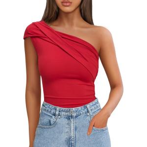 imageZESICA Womens One Shoulder Tank Tops 2025 Summer Sleeveless Going Out T Shirts Knit Slim Fit Fashion Tee TopRed
