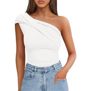 imageZESICA Womens One Shoulder Tank Tops 2025 Summer Sleeveless Going Out T Shirts Knit Slim Fit Fashion Tee TopWhite