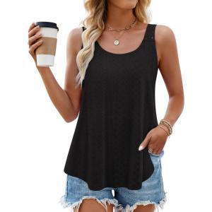 imageZESICA Womens Summer Eyelet Tank Tops Loose Trendy Scoop Neck Sleeveless Flowy ShirtsBlack