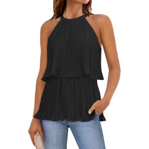 imageZESICA Womens Summer Halter Tank Tops Casual Sleeveless Ruffle Tiered Layered Chiffon Flowy Blouse ShirtsBlack