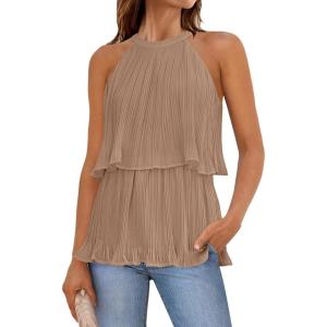 imageZESICA Womens Summer Halter Tank Tops Casual Sleeveless Ruffle Tiered Layered Chiffon Flowy Blouse ShirtsKhaki