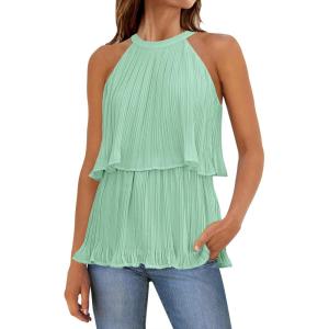 imageZESICA Womens Summer Halter Tank Tops Casual Sleeveless Ruffle Tiered Layered Chiffon Flowy Blouse ShirtsLihgt Green