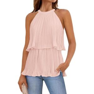 imageZESICA Womens Summer Halter Tank Tops Casual Sleeveless Ruffle Tiered Layered Chiffon Flowy Blouse ShirtsPink