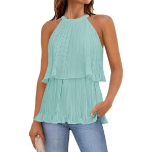 imageZESICA Womens Summer Halter Tank Tops Casual Sleeveless Ruffle Tiered Layered Chiffon Flowy Blouse ShirtsSage