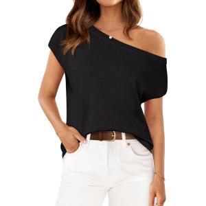 imageZESICA Womens Summer Off The Shoulder Knit Tops 2025 Casual Short Sleeve Oversized Tunic T ShirtBlack