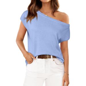imageZESICA Womens Summer Off The Shoulder Knit Tops 2025 Casual Short Sleeve Oversized Tunic T ShirtBlue