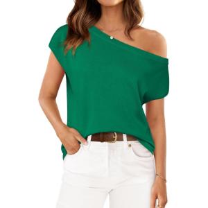imageZESICA Womens Summer Off The Shoulder Knit Tops 2025 Casual Short Sleeve Oversized Tunic T ShirtGreen