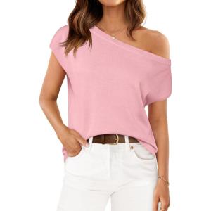 imageZESICA Womens Summer Off The Shoulder Knit Tops 2025 Casual Short Sleeve Oversized Tunic T ShirtPink