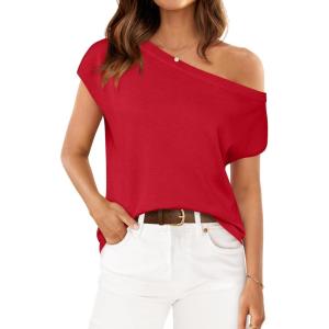 imageZESICA Womens Summer Off The Shoulder Knit Tops 2025 Casual Short Sleeve Oversized Tunic T ShirtRed