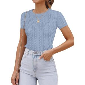 imageZESICA Womens Trendy Short Sleeve Sweater Shirts Spring Summer Cable Knit Pullover TopsBlue