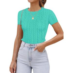 imageZESICA Womens Trendy Short Sleeve Sweater Shirts Spring Summer Cable Knit Pullover TopsCyan