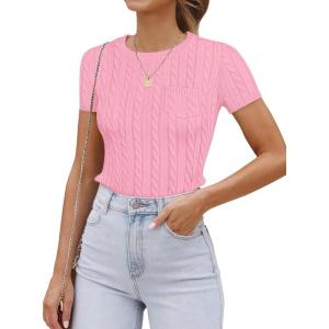 imageZESICA Womens Trendy Short Sleeve Sweater Shirts Spring Summer Cable Knit Pullover TopsPink