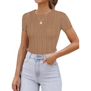 imageZESICA Womens Trendy Short Sleeve Sweater Shirts Spring Summer Cable Knit Pullover TopsToffee