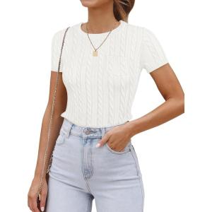 imageZESICA Womens Trendy Short Sleeve Sweater Shirts Spring Summer Cable Knit Pullover TopsWhite