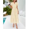imageZESICA Womens 2025 Summer Puff Short Sleeve Midi Dress V Neck Floral Textured Ruffle Flowy Beach Party DressesApricot