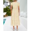 imageZESICA Womens 2025 Summer Puff Short Sleeve Midi Dress V Neck Floral Textured Ruffle Flowy Beach Party DressesApricot